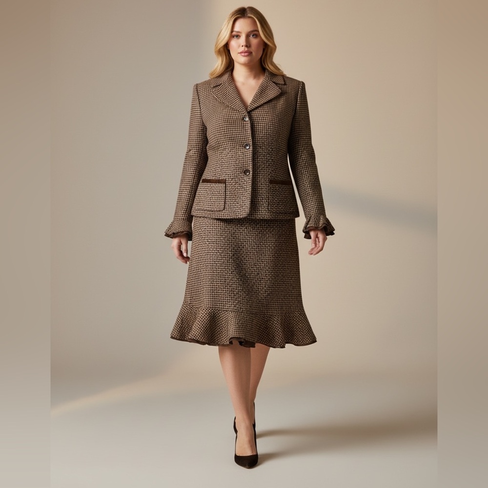 Vintage Dressbarn Woman Brown Tweed Two-Piece Flare Skirt Set Plus Size 16W